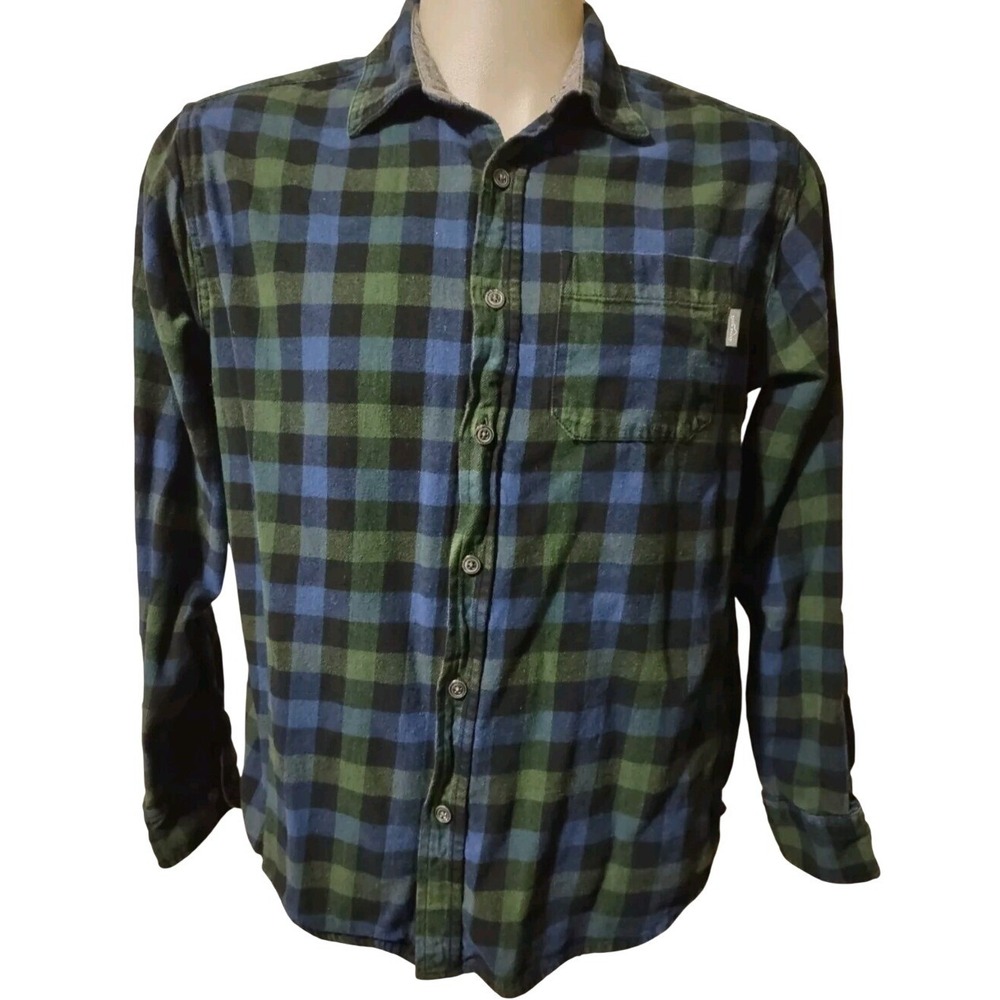 Eddie‎ Bauer Flannel Shirt Men's XLarge Blue Tartan Button Up Collar Pocket Logo